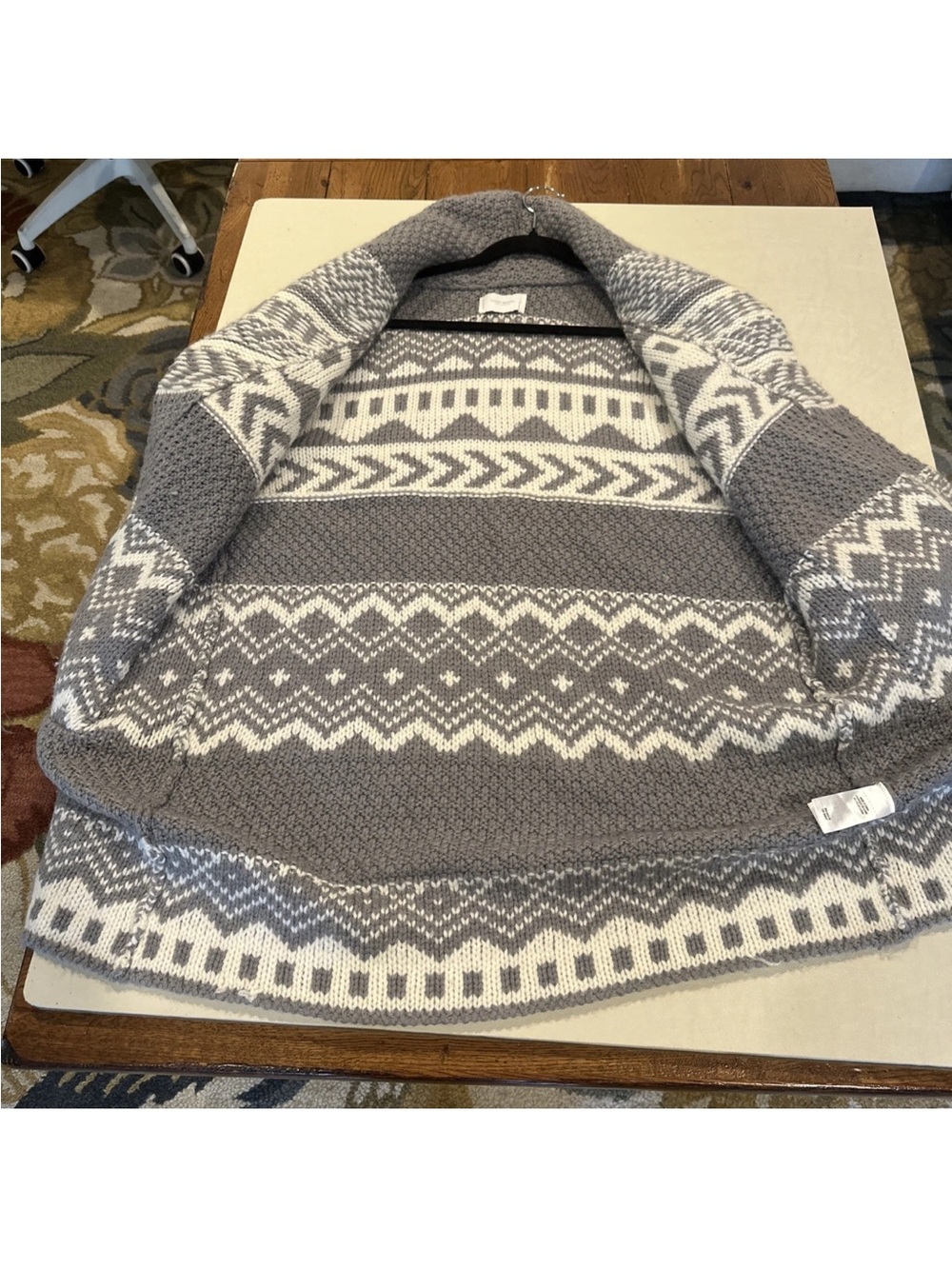 Lucky Brand LG Gray Nordic Fair Isle Wool Blend Long Open Cardigan Sweater Coat - Picture 7 of 8